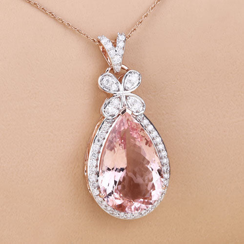 8.14 Carat Genuine Morganite and White Diamond 14K Rose Gold Pendant