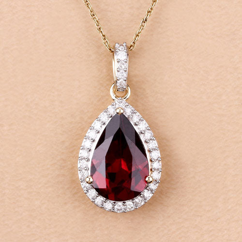 3.29 Carat Genuine Rhodolite and White Diamond 14K Yellow Gold Pendant