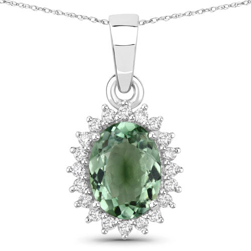 1.39 Carat Genuine Green Tourmaline and White Diamond 14K White Gold Pendant