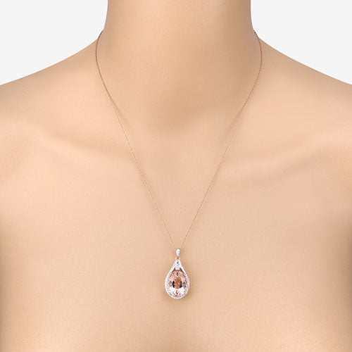 9.31 Carat Genuine Morganite and White Diamond 14K Rose Gold Pendant