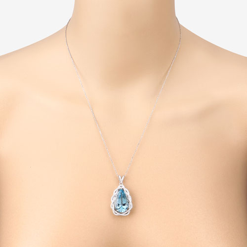 11.90 Carat Genuine Aquamarine and White Diamond 14K White Gold Pendant