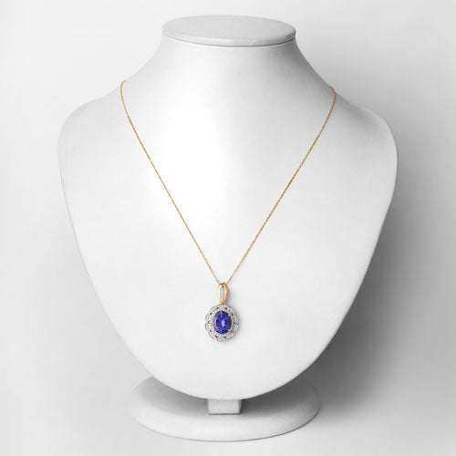 4.13 Carat Genuine Tanzanite and White Diamond 14K Yellow Gold Pendant