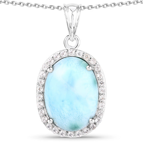 13.55 Carat Genuine Larimar and White Topaz .925 Sterling Silver Pendant