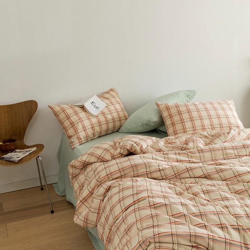 Plaid Bedding Set / Yellow + Mint Green