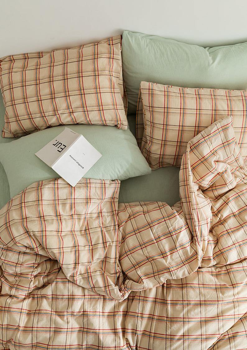 Plaid Bedding Set / Yellow + Mint Green