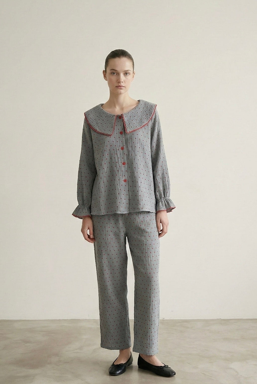 Polka Dot Cute Collared Pajama Set