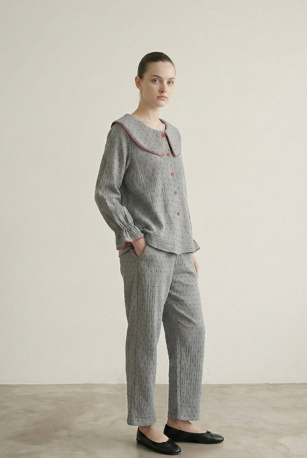 Polka Dot Cute Collared Pajama Set