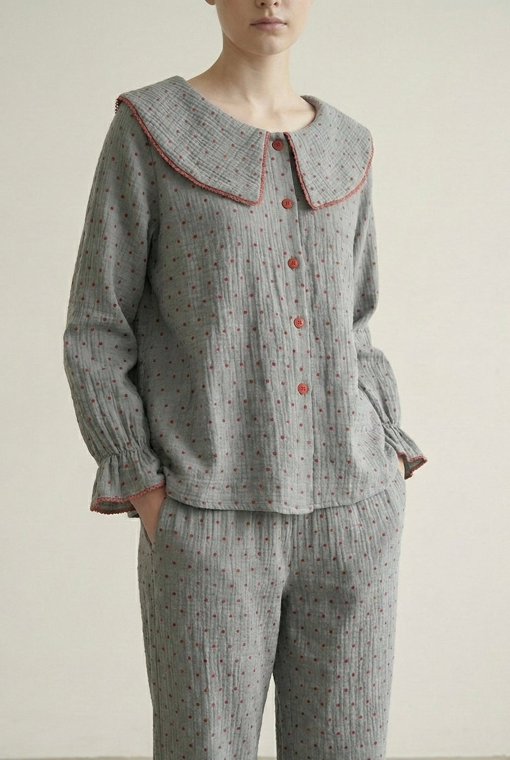 Polka Dot Cute Collared Pajama Set