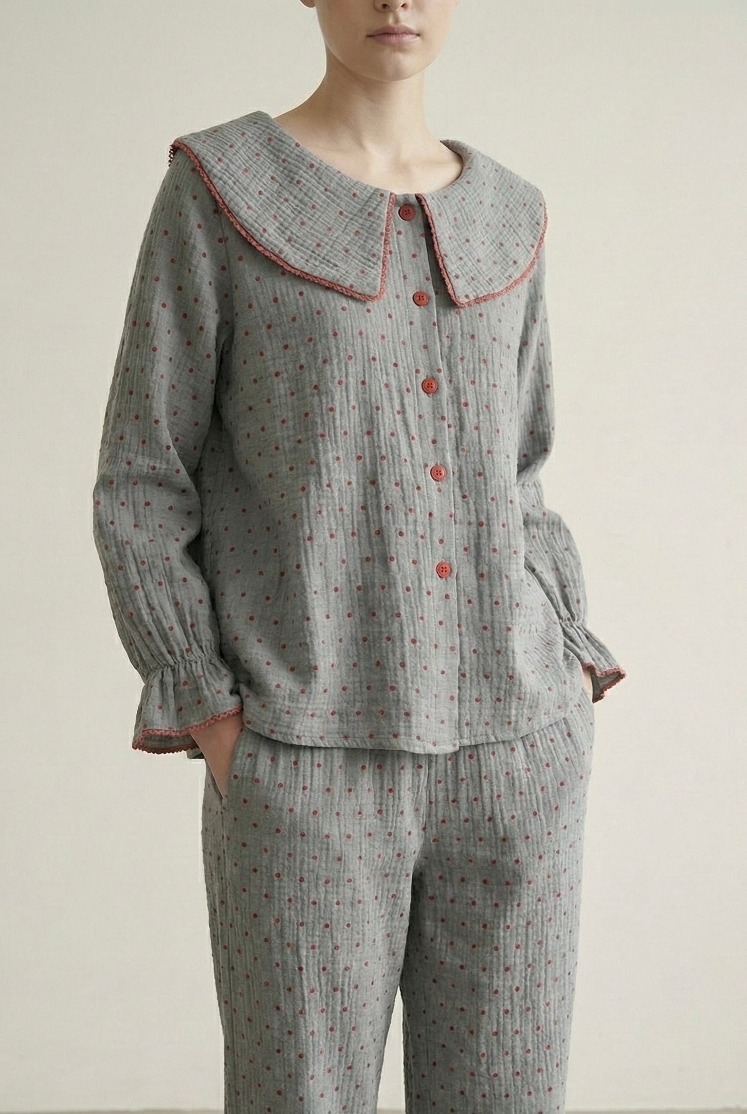 Polka Dot Cute Collared Pajama Set