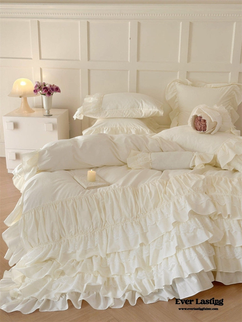 Princess Ruffle Lace Washed Cotton Bedding Set / Pink