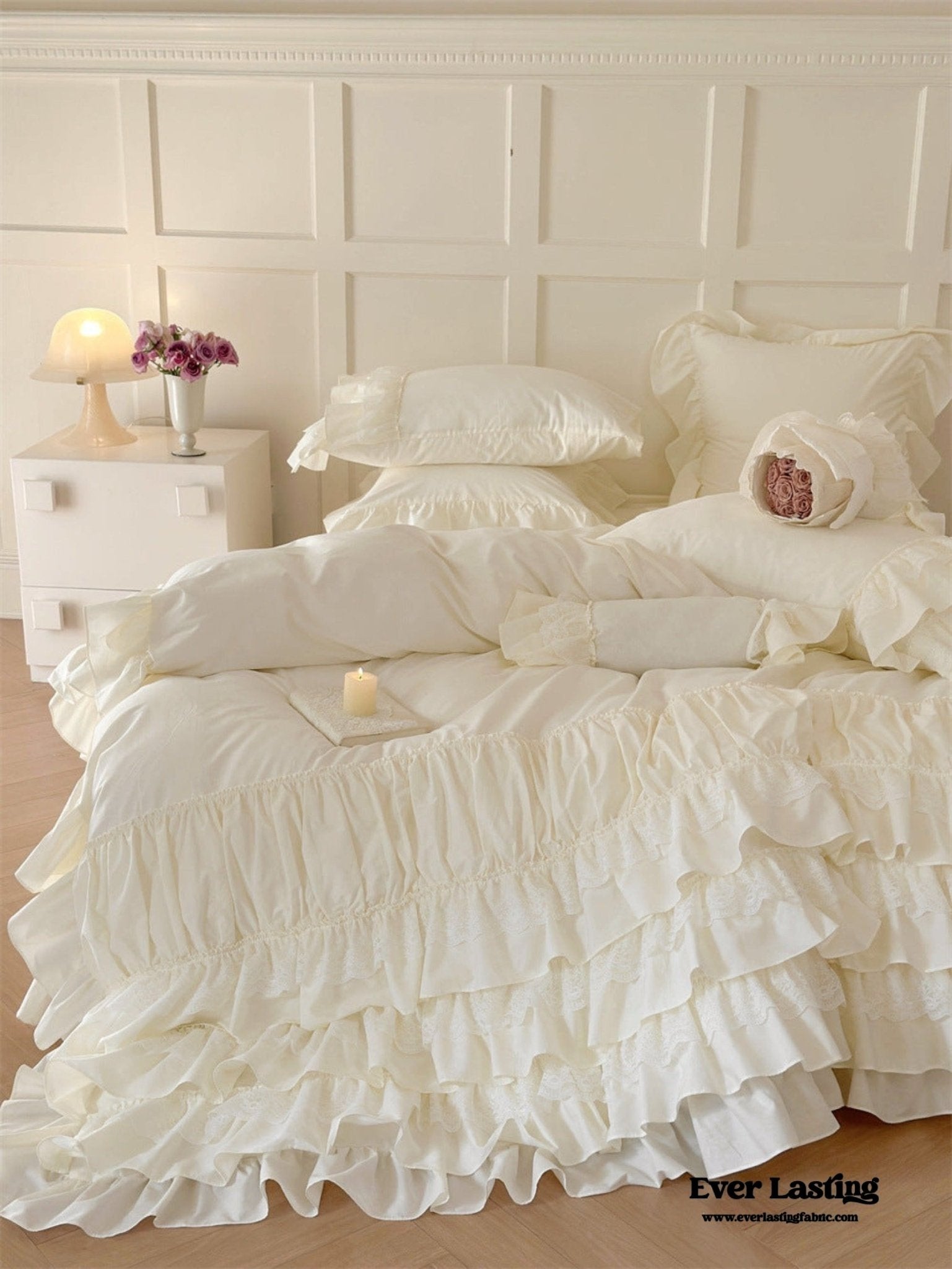 Princess Ruffle Lace Washed Cotton Bedding Set / Pink