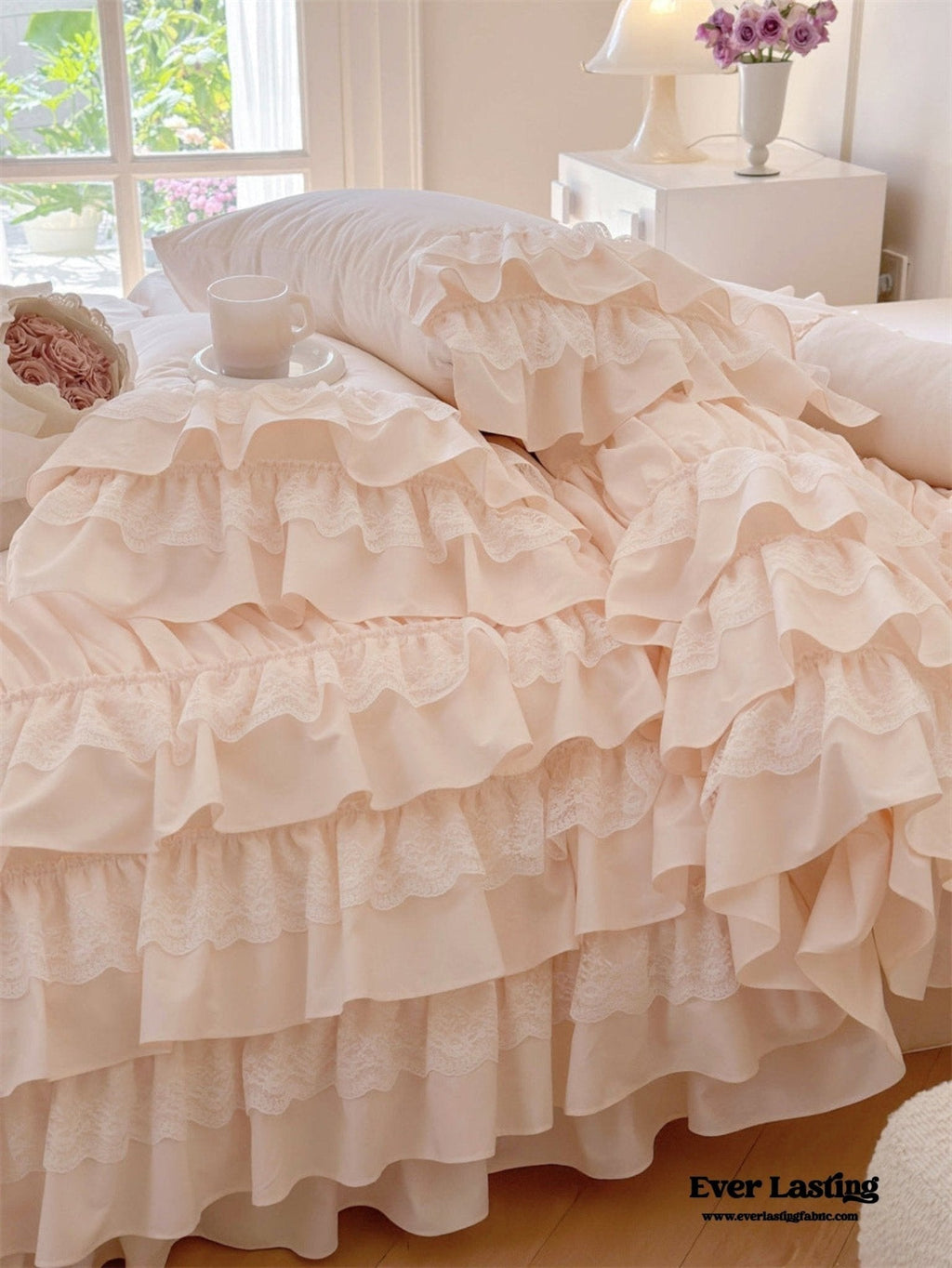 Princess Ruffle Lace Washed Cotton Bedding Set / Pink