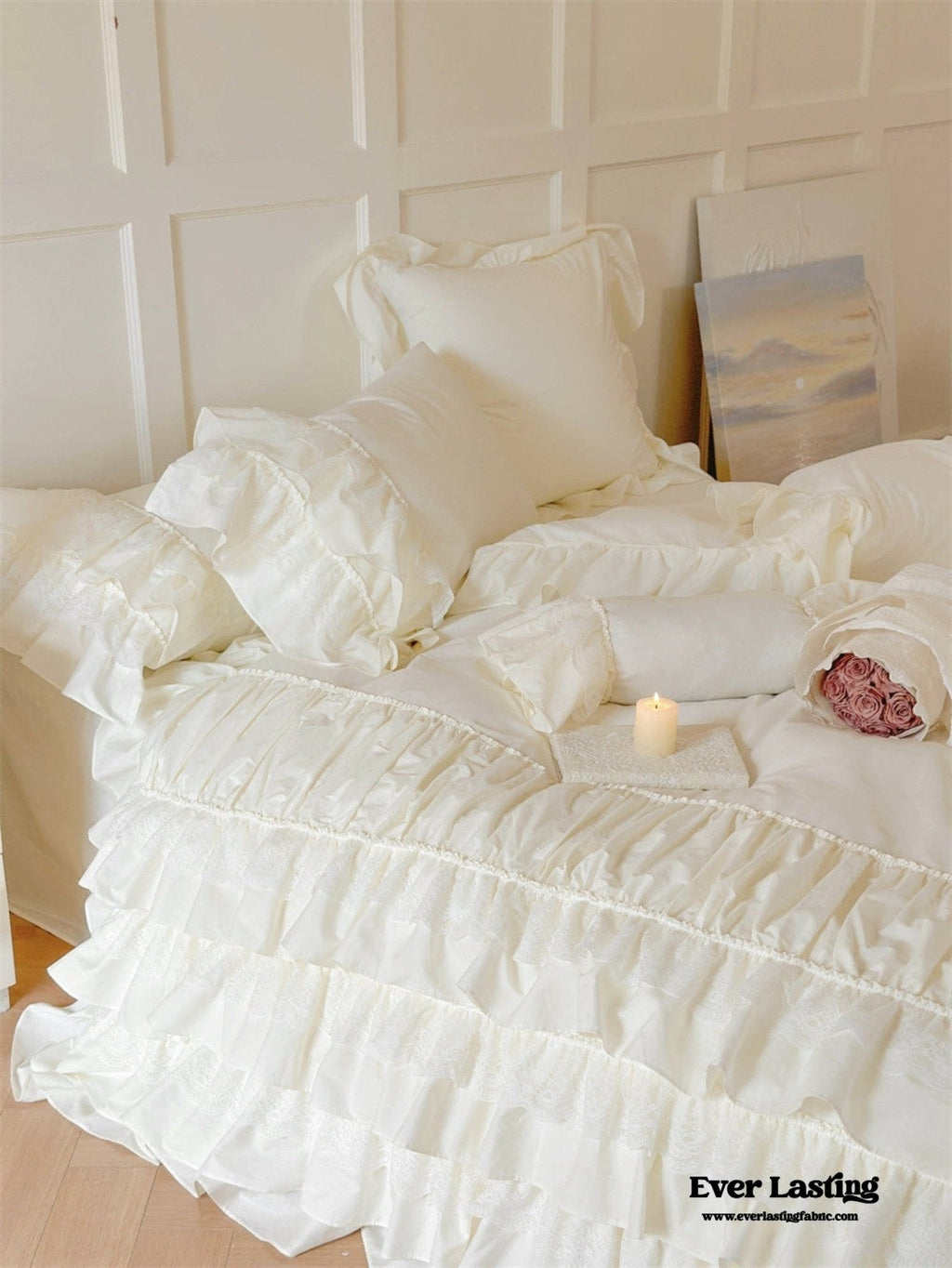 Princess Ruffle Lace Washed Cotton Bedding Set / Pink