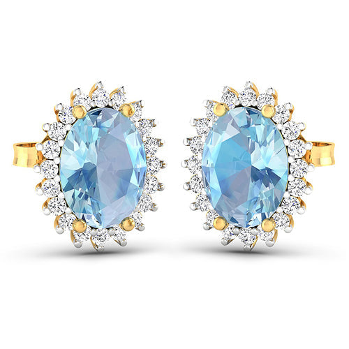 2.36 Carat Genuine Aquamarine and White Diamond 14K Yellow Gold Earrings