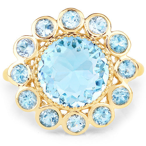 14K Yellow Gold Plated 6.59 Carat Genuine Blue Topaz .925 Sterling Silver Ring
