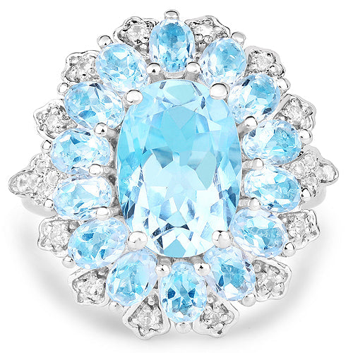 7.57 Carat Genuine Blue Topaz and White Topaz .925 Sterling Silver Ring