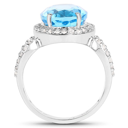 6.03 Carat Genuine Swiss Blue Topaz & White Topaz .925 Sterling Silver Ring