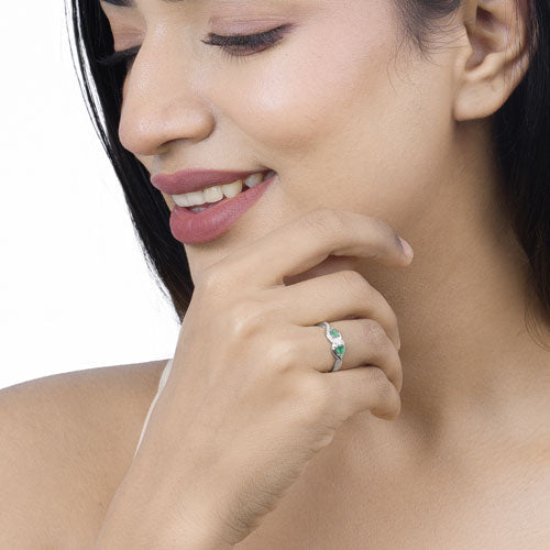 0.35 Carat Genuine Zambian Emerald and White Diamond 14K White Gold Ring