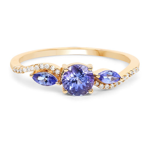 0.70 Carat Genuine Tanzanite and White Diamond 14K Yellow Gold Ring