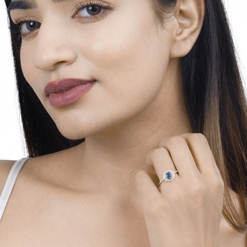 0.72 Carat Genuine Blue Sapphire and White Diamond 14K White Gold Ring