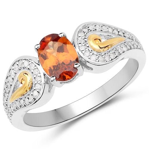 1.01 Carat Genuine Garnet and White Diamond 14K Yellow Gold with .925 Sterling Silver Ring