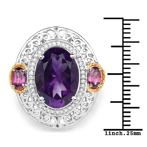 5.58 Carat Genuine Amethyst, Rhodolite and White Diamond 14K Yellow Gold with .925 Sterling Silver Ring