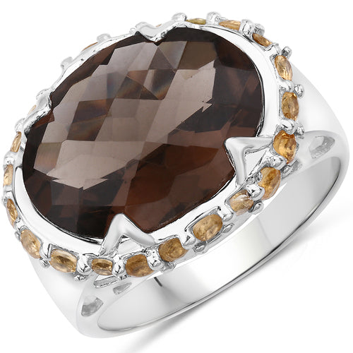 9.58 Carat Genuine Smoky Quartz and Citrine .925 Sterling Silver Ring