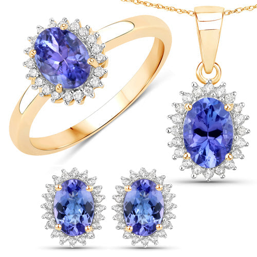 1.71 Carat Genuine Tanzanite and White Diamond 14K Yellow Gold Earrings