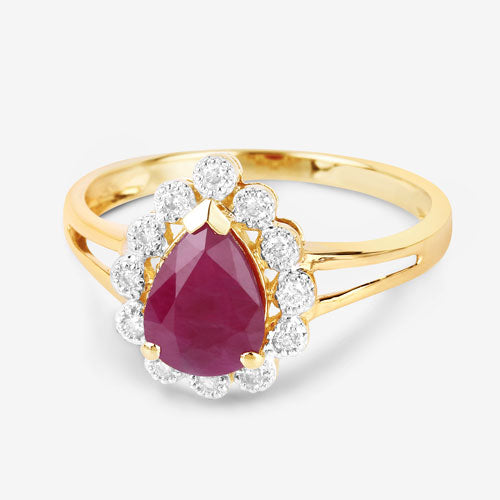 1.31 Carat Genuine Ruby and White Diamond 14K Yellow Gold Ring
