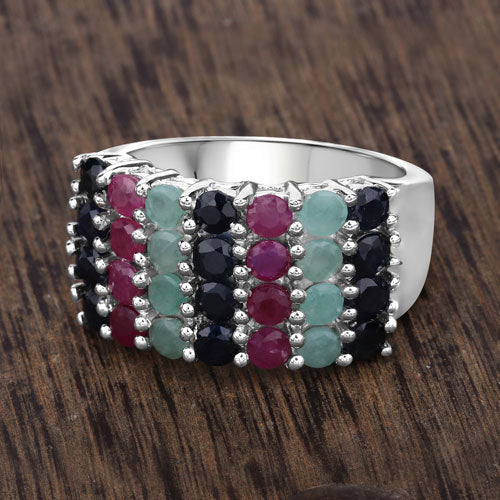 "3.40 Carat Genuine Emerald, Ruby and Black Sapphire .925 Sterling Silver Ring
