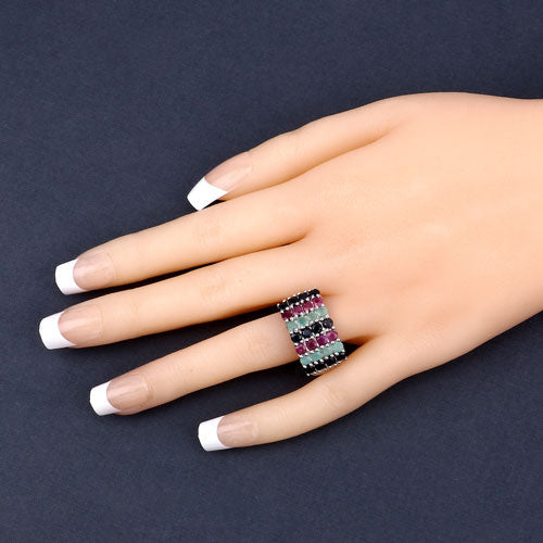 "3.40 Carat Genuine Emerald, Ruby and Black Sapphire .925 Sterling Silver Ring