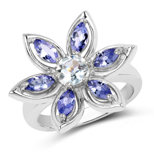 1.34 Carat Genuine Aquamarine and Tanzanite .925 Sterling Silver Ring