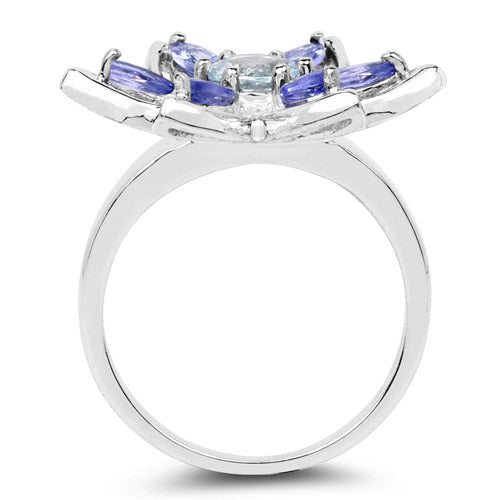 1.34 Carat Genuine Aquamarine and Tanzanite .925 Sterling Silver Ring