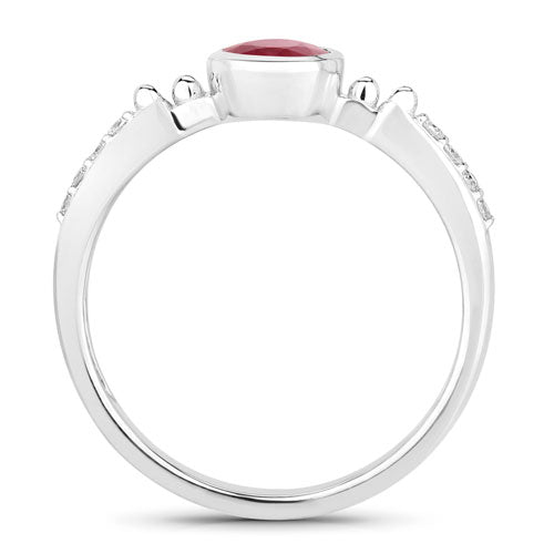1.00 Carat Genuine Ruby and White Diamond 14K White Gold Ring