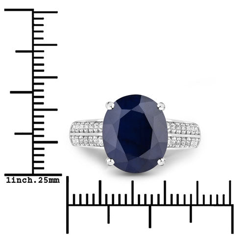 6.49 Carat Genuine Blue Sapphire and White Diamond 14K White Gold Ring