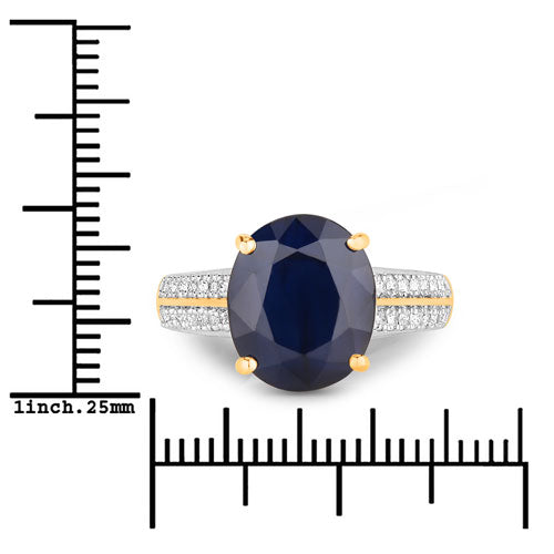 6.49 Carat Genuine Blue Sapphire and White Diamond 14K Yellow Gold Ring