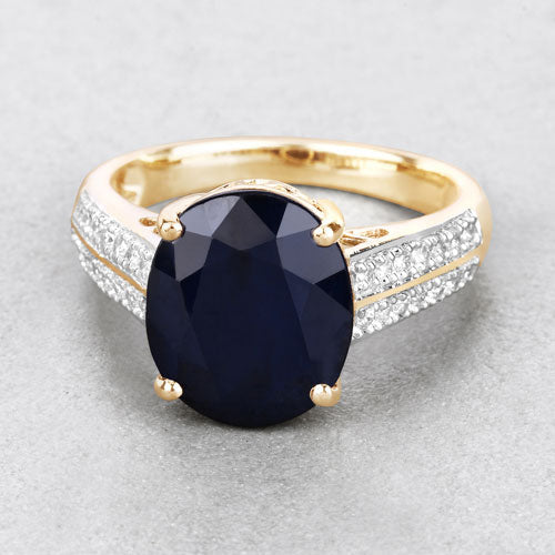 6.49 Carat Genuine Blue Sapphire and White Diamond 14K Yellow Gold Ring