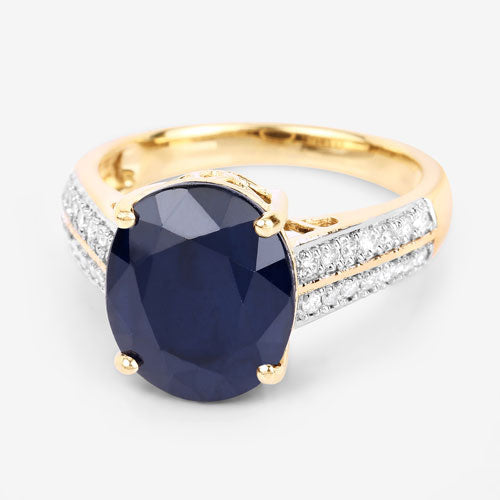 6.49 Carat Genuine Blue Sapphire and White Diamond 14K Yellow Gold Ring