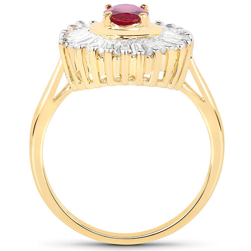 14K Yellow Gold Plated 2.44 Carat Glass Filled Ruby and White Topaz .925 Sterling Silver Ring