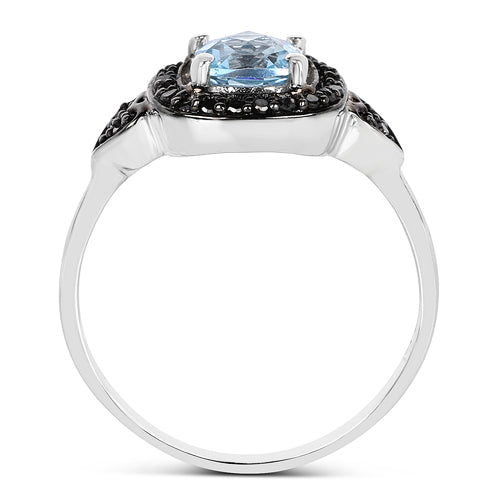 1.19 Carat Genuine Swiss Blue Topaz & Black Diamond .925 Sterling Silver Ring