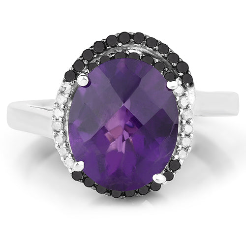 4.52 Carat Genuine Amethyst, Black Diamond & White Diamond .925 Sterling Silver Ring