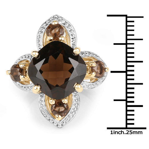 14K Yellow Gold Plated 5.92 Carat Genuine Smoky Quartz .925 Sterling Silver Ring