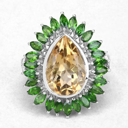 7.02 Carat Genuine Citrine and Chrome Diopside .925 Sterling Silver Ring