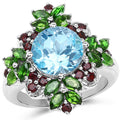 5.76 Carat Genuine Blue Topaz, Chrome Diopside & Garnet .925 Sterling Silver Ring