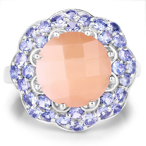 7.20 Carat Genuine Peach Moonstone and Tanzanite .925 Sterling Silver Ring