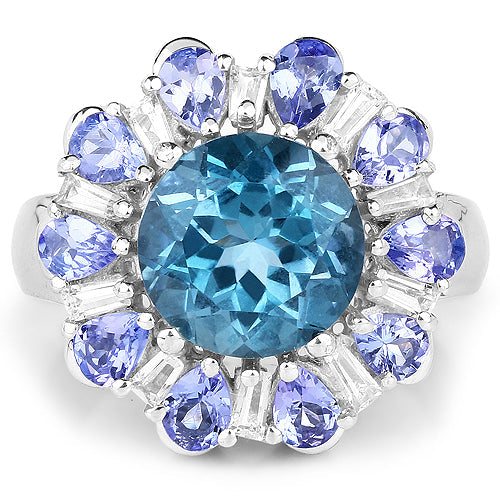 6.19 Carat Genuine London Blue Topaz, Tanzanite & White Topaz .925 Sterling Silver Ring