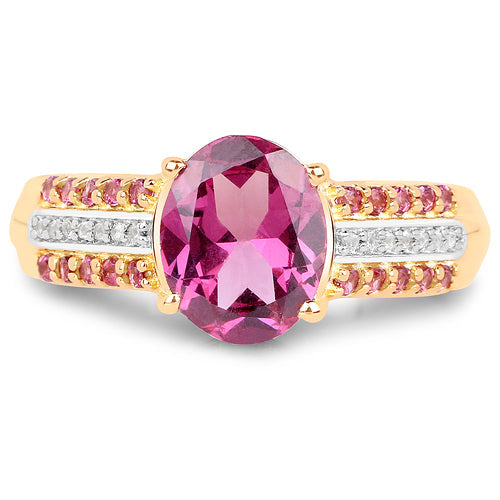 14K Yellow Gold Plated 3.32 Carat Genuine Rhodolite and White Topaz .925 Sterling Silver Ring