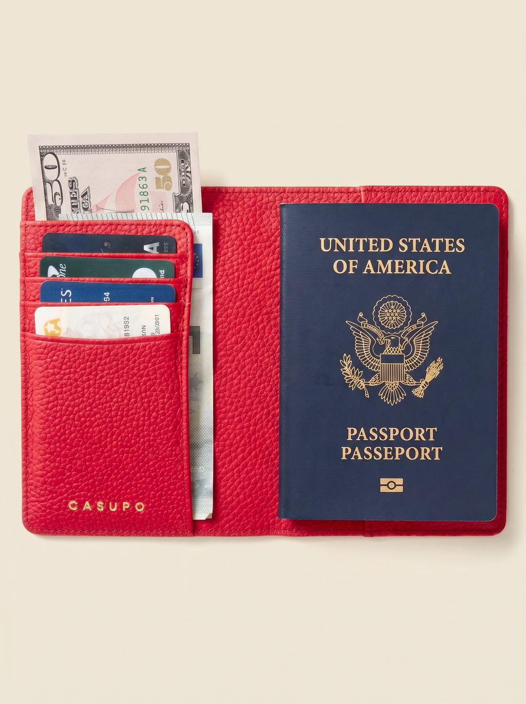 Leather Passport Wallet with RFID - Red