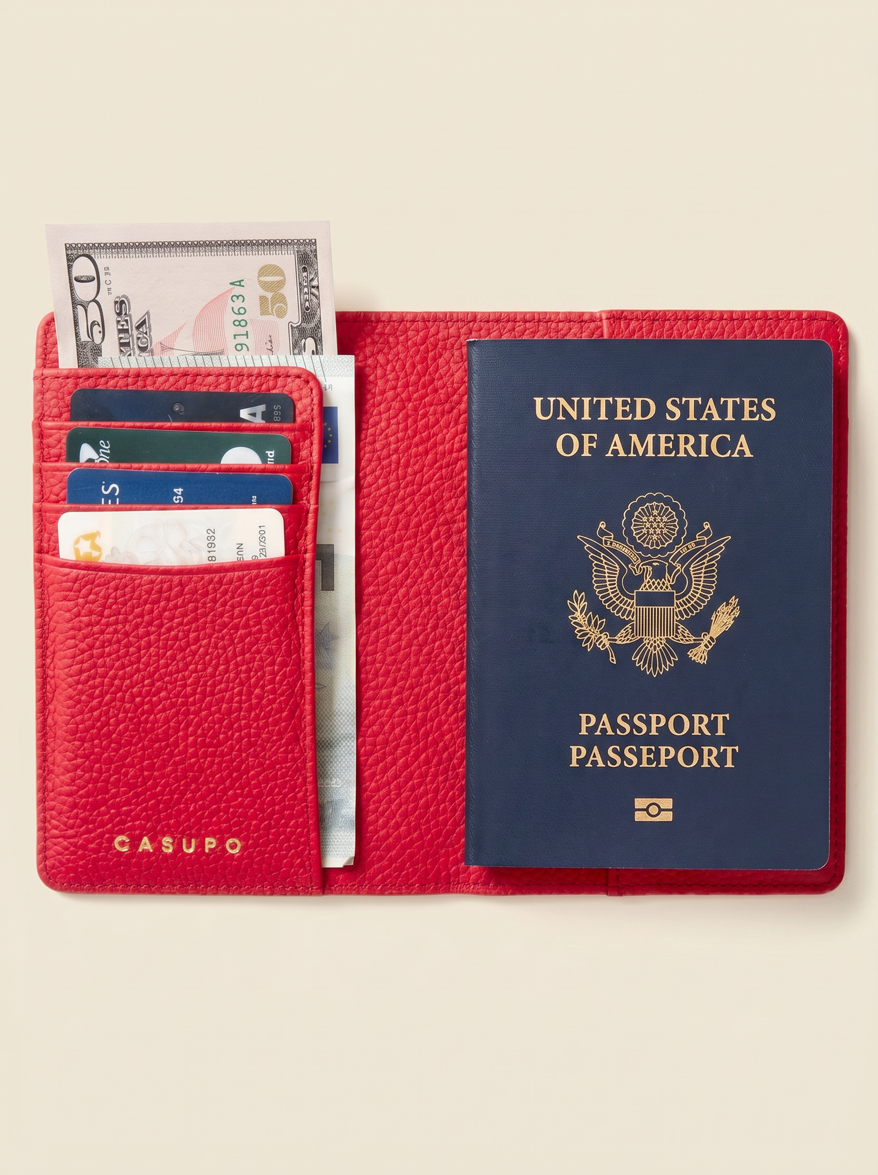 Leather Passport Wallet with RFID - Red