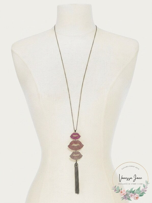 Thalia Sodi Silver-Tone Pave Lip and Chain Tassel 32 Pendant Necklace